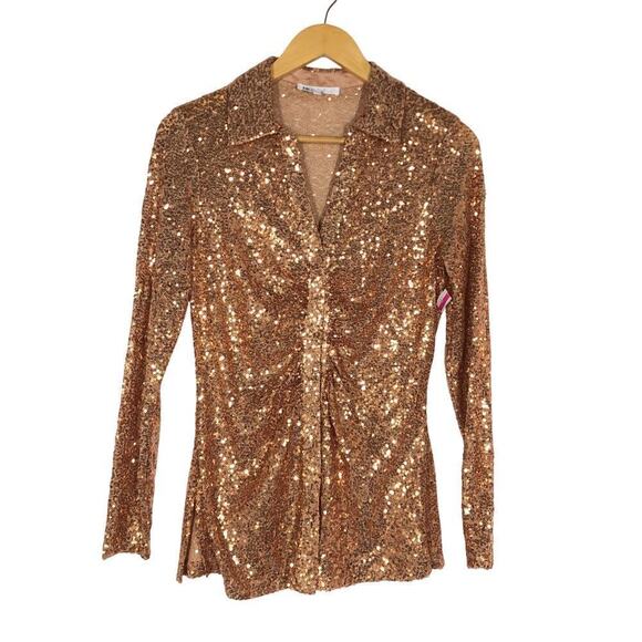 DR2 by Daniel Rainn Shirt Sequin Ruched Long Sleeve Button-Up Copper Rose NWT S - Picture 2 of 6
